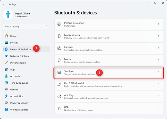 In Windows 11 Settings, access Bluetooth & devices > Touchpad