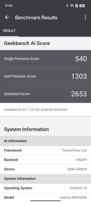 Realme 14 Pro scores in Geekbench AI