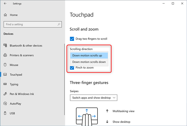 Click or tap Scrolling direction and choose the setting you want