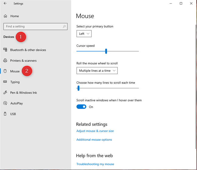 There are no mouse scrolling options available in the Windows 10 Settings